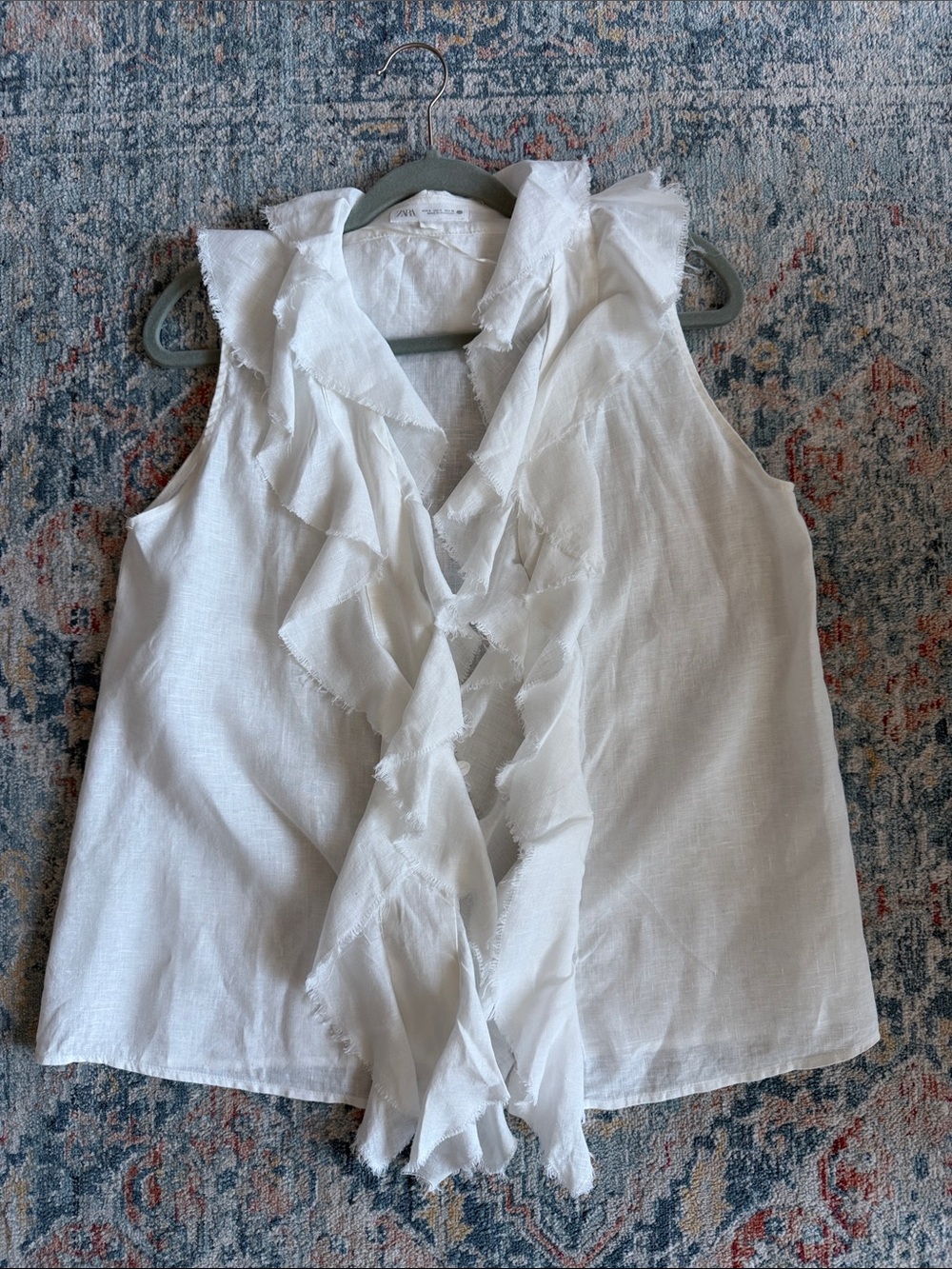Womens White Linen Ruffled Sleeveless Top - Lightweight Summer Shirt